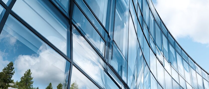 Curved glass building showcases modern architecture with intricate details and reflections against an urban skyline - Powered by Adobe