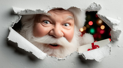 Santa Claus peeks through a torn wall with excitement, holding a gift and a letter. Background features colorful holiday lights, creating a joyful Christmas atmosphere