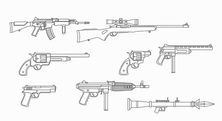 Collection of iconic firearms including assault rifles, revolvers, pistols, and rocket launchers for design projects