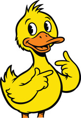 Cartoon duck vector, cheerful yellow bird, pointing wings, cute animal character, kids illustration, smiling duck, isolated white background, playful pose