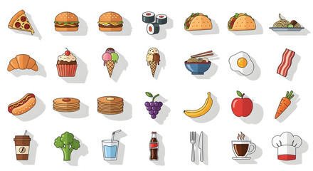 Vibrant collection of delicious food icons for culinary inspiration and menu design, offering a fresh taste of diverse meal options