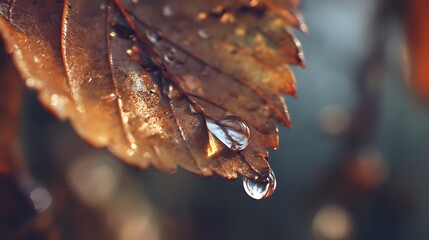 Close-up of a brown autumn leaf with water droplets a natural macro shot capturing the beauty of fall perfect for seasonal backgrounds