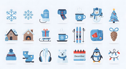 Vibrant winter icons set depicting cozy holiday scenes and festive seasonal activities perfect for cheerful design projects