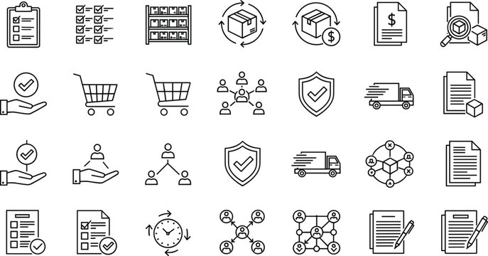 A comprehensive set of black line vector icons representing essential concepts of logistics, supply chain management, delivery, order fulfillment, and business agreements.