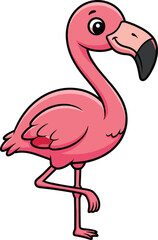 Cartoon flamingo vector, pink bird character, standing on one leg, cheerful pose, kids illustration, isolated white background, tropical animal design