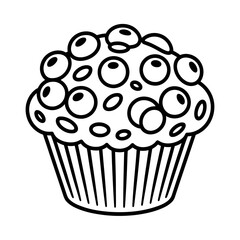 Delicious blueberry muffin with overflowing fruit isolated on white background vector line art