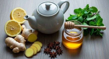 Fresh ginger root, sliced lemon, honey, mint, and star anise arranged for brewing an herbal wellness tea next to a gray teapot.