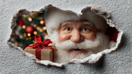 Santa Claus looking through a hole in the wall holding a wrapped gift. Background features a festive Christmas tree with colorful ornaments. Concept of holiday spirit, gift-giving, celebrations