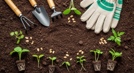Fresh garden soil background with young plant seedlings, scattered seeds, gardening tools, and protective gloves for spring planting.