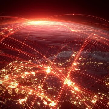 Global Network: Illuminated city lights across the globe, interconnected by a network of illuminated lines symbolizing the digital age and worldwide communication.