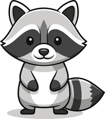 Cartoon raccoon vector, cute gray animal, upright pose, friendly character, kids illustration, smiling mammal, isolated white background, playful design