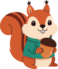 Cartoon squirrel vector, cute forest animal, smiling character, green hoodie, holding acorn, kids illustration, isolated white background, autumn theme