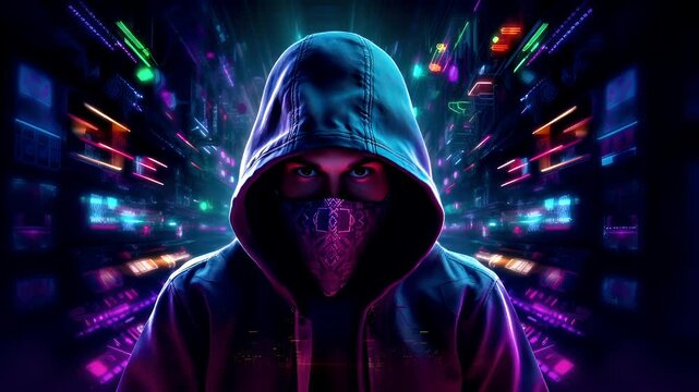 Internet cyber security concept. cyberpunkthemed digital artwork featuring a hooded figure with a mask and hooded cloak, set against a neonlit urban backdrop.