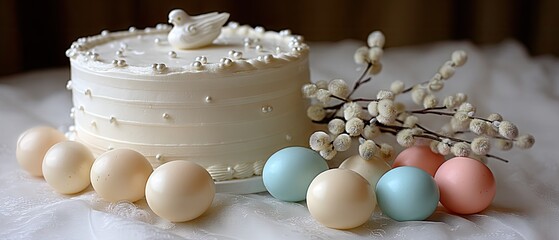 Delightful easter cake surrounded by colorful eggs and willow branches on a soft background for festive celebrations