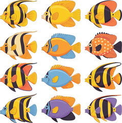 Naklejka premium Vibrant collection of colorful tropical fish swimming gracefully in clear blue ocean water