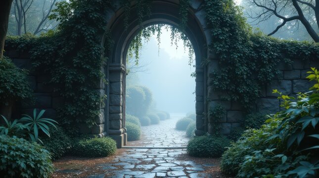 Mysterious ancient stone archway overgrown with ivy leading to a misty, enchanting garden path. - Powered by Adobe