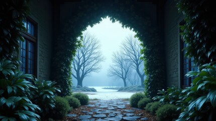 Enchanted Archway Leading to a Misty Forest Path.