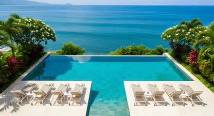 Fototapeta premium Luxury infinity pool overlooking the ocean idyllic tropical resort with lounge chairs serene vacation getaway with turquoise water palm trees and blue sky