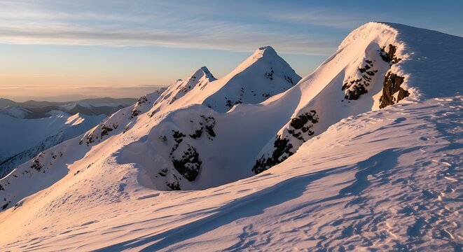 Snow-Capped Mountain Peaks at Sunset - A Majestic Winter Landscape. - Powered by Adobe