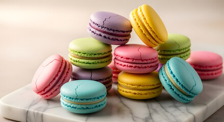 Colorful Macarons Stacked on Marble Surface Delicious Confectionery Sweet Treats Assorted Flavors Pastel Colors Gourmet Dessert French Pastries Culinary Delights Exquisite Presentation Close Up