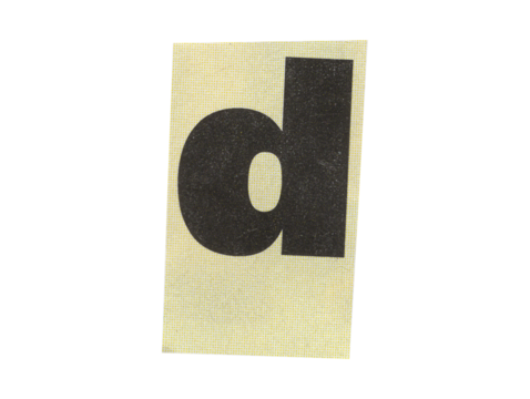Lowercase d cutout letter on yellow paper collage, isolated