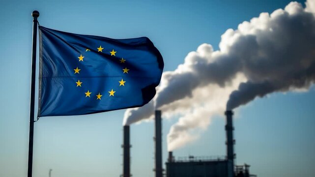 EU Flag Waving in Front of Heavy Industrial Smoke and Factory Chimneys Polluting Sky