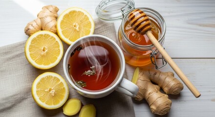 Hot steaming herbal tea surrounded by fresh ginger root, cut lemons, and a jar of organic honey on a rustic wooden background.