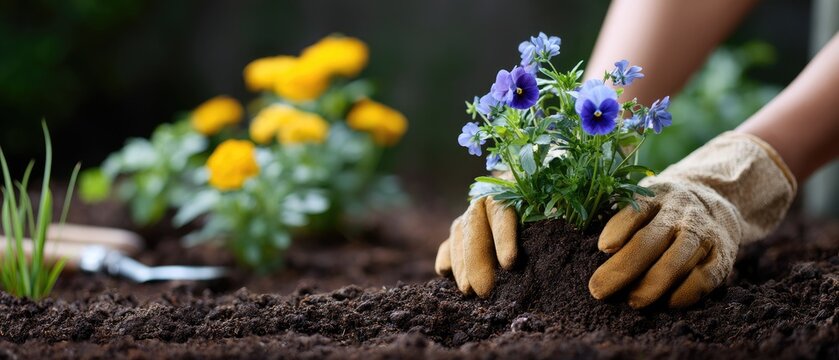 Hands planting colorful flowers in a spring garden filled with blooming flower beds on a sunny day