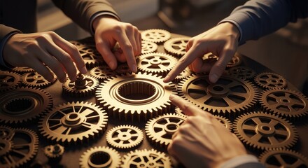 Two hands working on a wooden gear assembly, with a wooden table and a dark background.