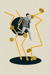 Vertical zine 3d collage of inexperienced businesswoman businessman stand arrow regress statistics...