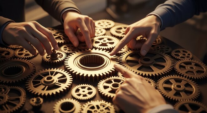 Two hands working on a wooden gear assembly, with a wooden table and a dark background.