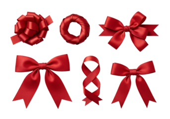 Set of red satin gift bows and ribbons of various shapes isolated on white background