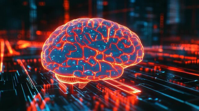Human brain wireframe integrating with digital circuit board