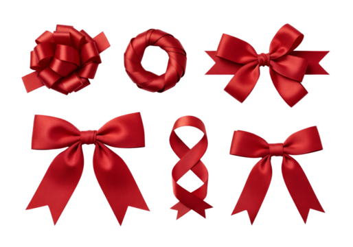 Set of red satin gift bows and ribbons of various shapes isolated on white background