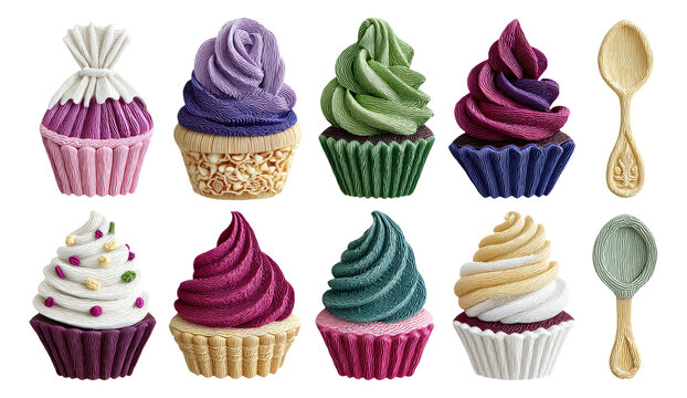 Colorful Cupcake Illustrations and Wooden Utensils on Transparent Background