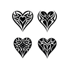 A set of tribal style heart silhouette vector art illustration