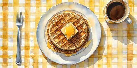 Watercolor Waffle Breakfast Flatlay with Butter Coffee and Yellow Checkered Table Setting
