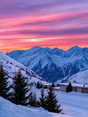 Fototapeta premium A breathtaking view of snow-covered mountains during sunset, showcasing vibrant colors in the sky and evergreen trees in the foreground.