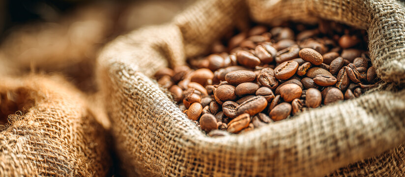 harvest coffee beans in burlap sack at coffee garden