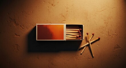 Opened matchbox and three wooden safety matches scattered on a rough textured surface under dramatic low-key lighting.