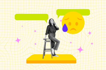 3d full artwork pop banner collage of happy old woman stand stool bubble communication bad emoji sticker social media chat