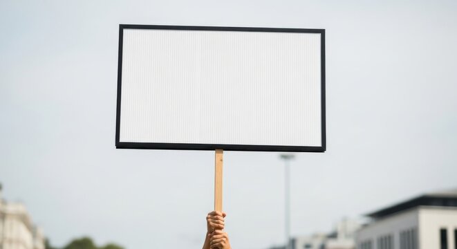 Person holding a blank corrugated plastic protest sign mockup on a wooden stick against a bright outdoor city background.