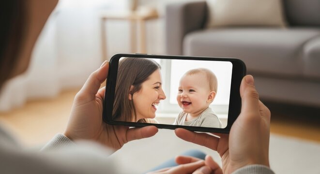 Person watching a video call of a happy mother and baby smiling on a horizontal smartphone screen.