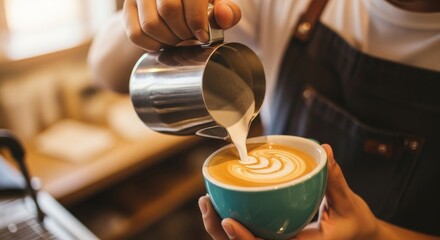 Professional barista pouring steamed milk into coffee cup creating beautiful white foam latte design.