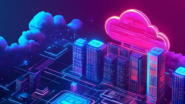 Cloud computing technology connecting futuristic smart city buildings