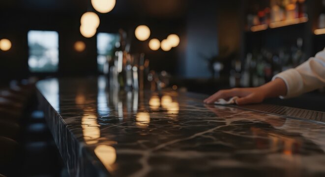 Bartender wiping down a marble bar counter in a dimly lit bar with bokeh lights in the background