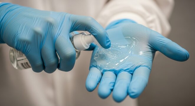 Professional person in blue gloves dispensing clear hand sanitizer gel onto their palm for sterile hygiene and infection control. - Powered by Adobe