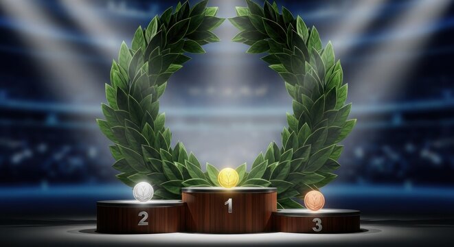 A sports stadium with a podium and laurel wreath in the center. - Powered by Adobe