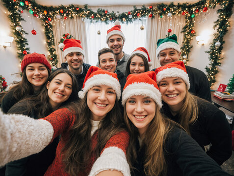 Team of Coworkers Taking a Christmas Selfie in a Festively Decorated Office with Holiday Hats and Bright Lighting
