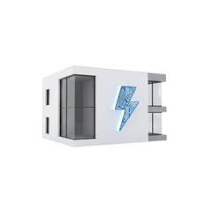 Modern Stylized 3D Laptop With A Blue Circuit Board Lightning Bolt Logo On A White Futuristic Building With Glass Windows And Balconies Isolated On A Transparent Background Ideal For Technology And